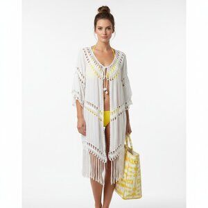Vivid White Crochet Lace Tie Front Fringe Trim Swim Suit Cover Top 2X